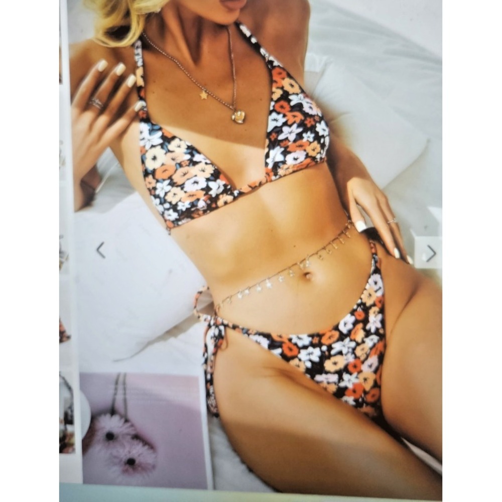NWT ZAFUL tie side ribbed Floral string Bikini swimwear 2pcs Sz Small
